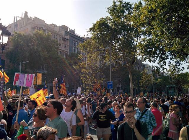 Manifestantes con pancartas y banderas independentistas. Foto: EP