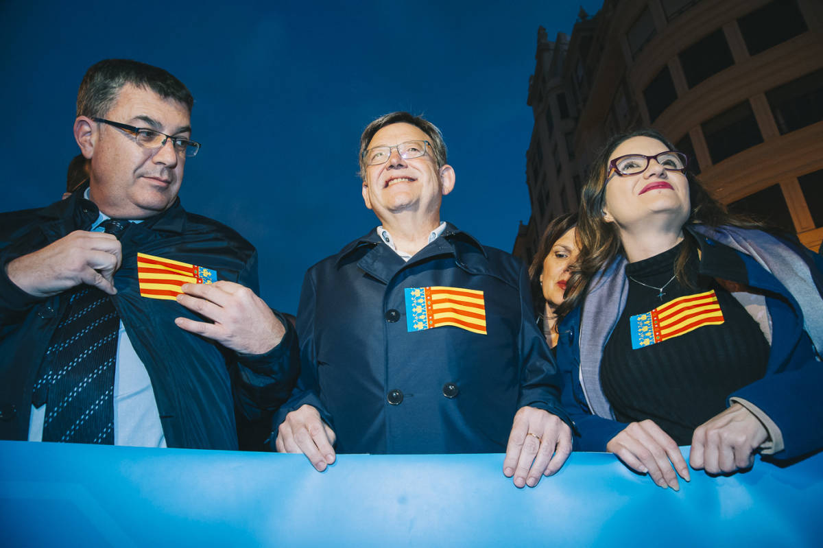 Enric Morera, Ximo Puig y Mónica Oltra juntos en una manifestación. Foto: KIKE TABERNER