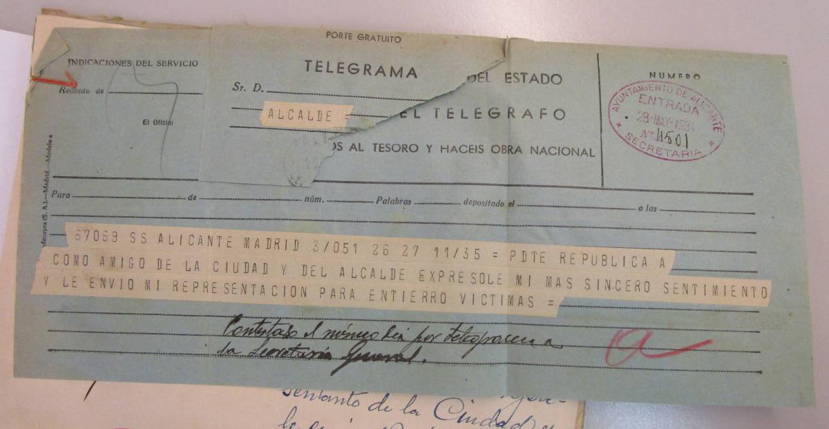El telegrama con las condolencias del presidente de la república, Alcalá-Zamora.