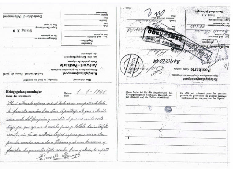 Última carta enviada por Bernabé Villanueva Galdón, de Quesa (la Canal de Navarrés), a su mujer el 1 de enero de 1941. Fuente: Amical de Mauthausen y otros campos