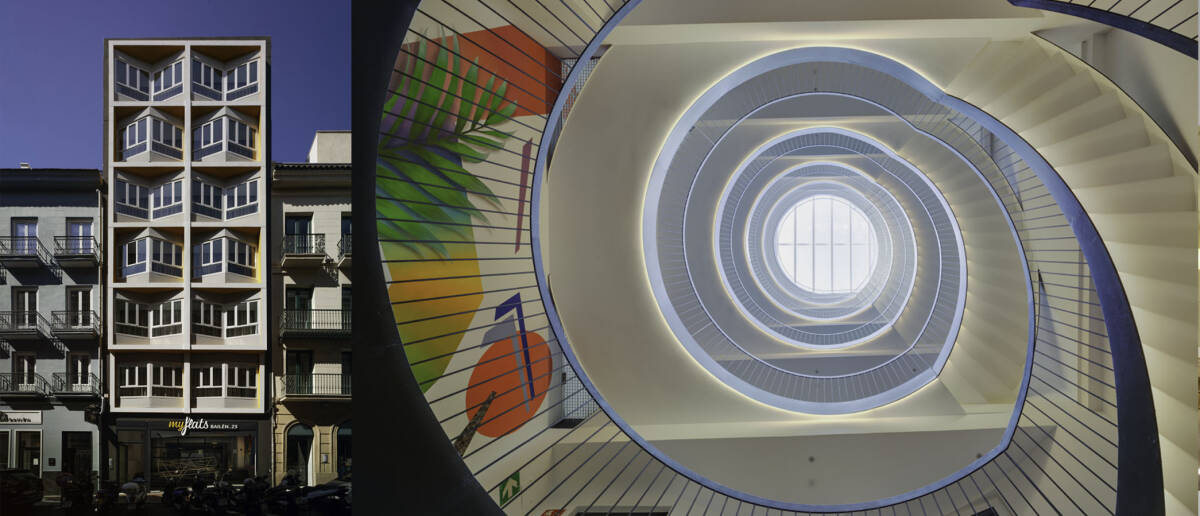 La façana dissenyada per Paco Muñoz als anys 60, ara amaga una elegant escalera - David de Frutos Fotografia.