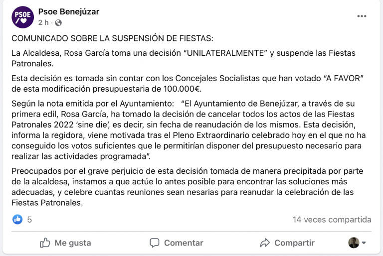 Comunicado del PSOE de Benejúzar tras la suspensión de los actos en su Facebook.