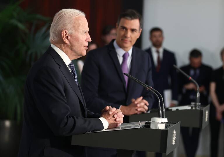 Joe Biden, comparece tras su reunión con el presidente del Gobierno, Pedro Sánchez. Foto: E.PARRA POOL/EP