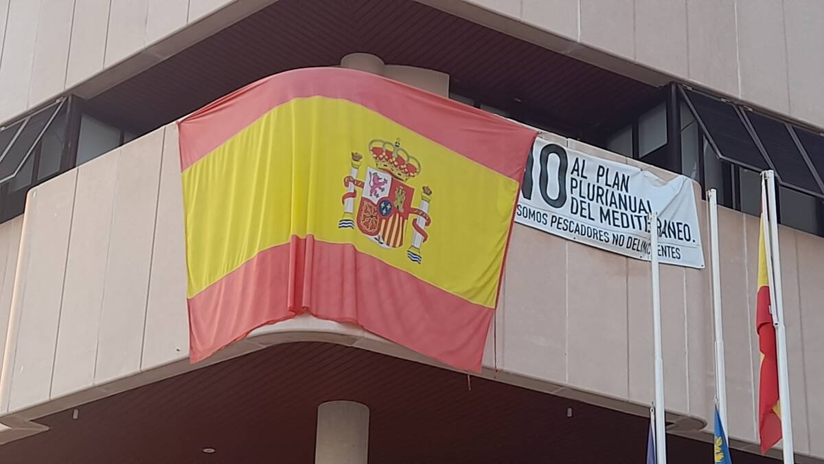 Gran bandera de España, desplegada en la fachada del Ayuntamiento de Santa Pola. Foto: Javier Carrasco