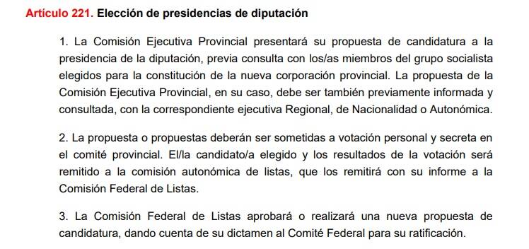 Artículo 221 del Reglamento Federal de Desarrollo de los Estatutos colgado en la web del PSOE.