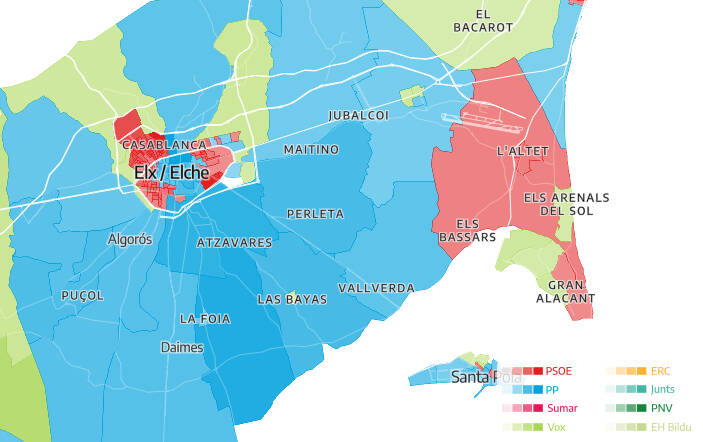 Mapa de voto en las pasadas elecciones generales de 2019 en Elche. Fuente: eldiario.es