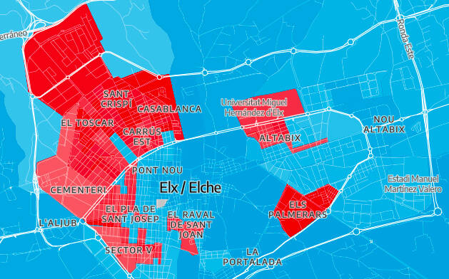 Mapa de voto en las pasadas elecciones del 23J en Elche. Fuente: eldiario.es